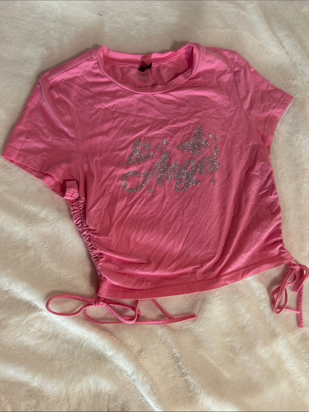 SHEIN Pink Rhinestone 'Angel' Side-Tie Crop Top NWOT